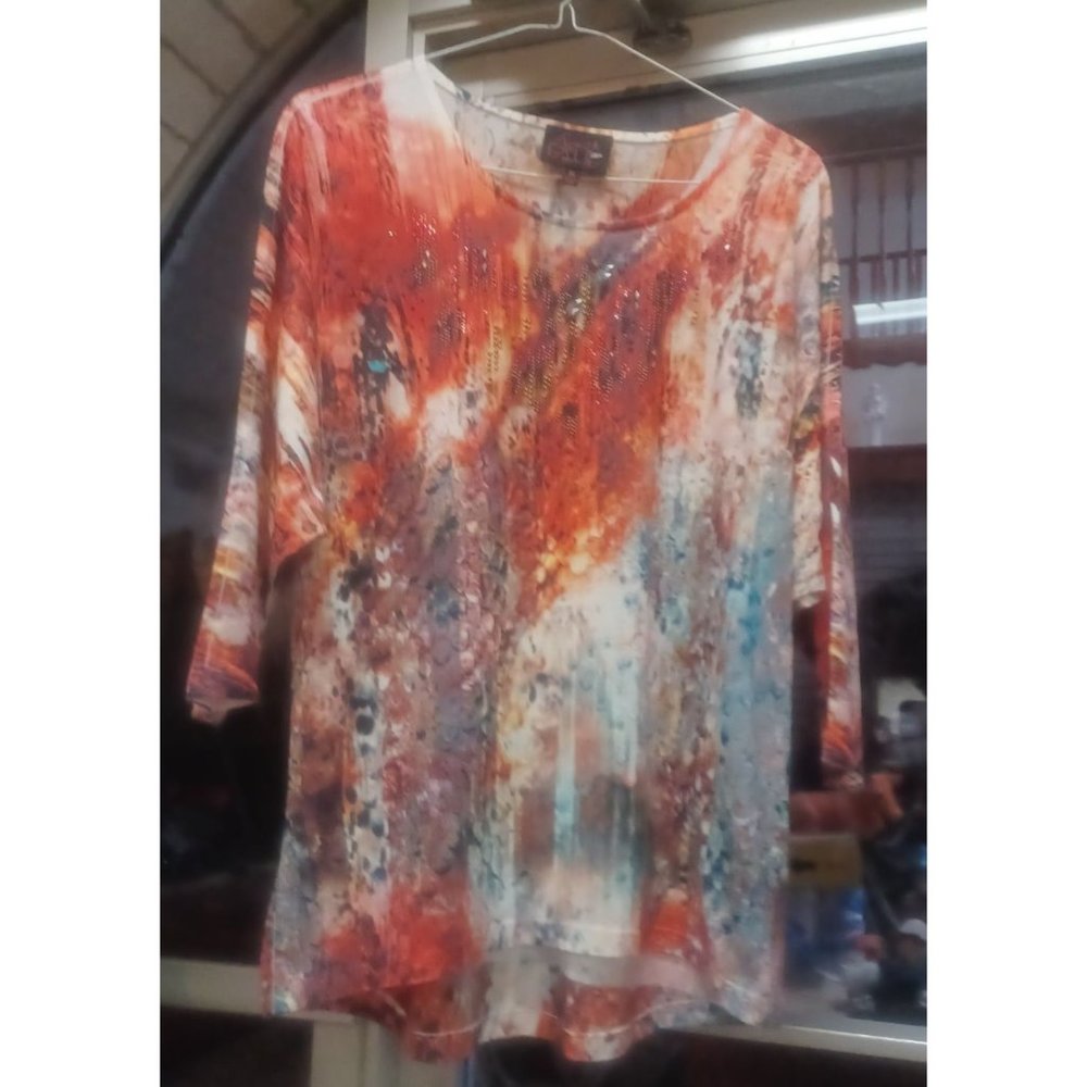 French Blue Womens Boho Top Medium Colorful Abstract with Beads